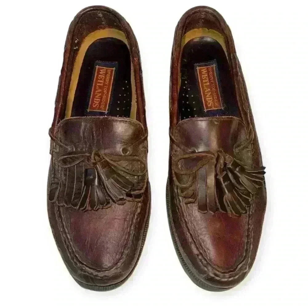 Vintage Sperry Top Sider Brown Leather Wetlands Men’s sz 9M slip on boat shoes
